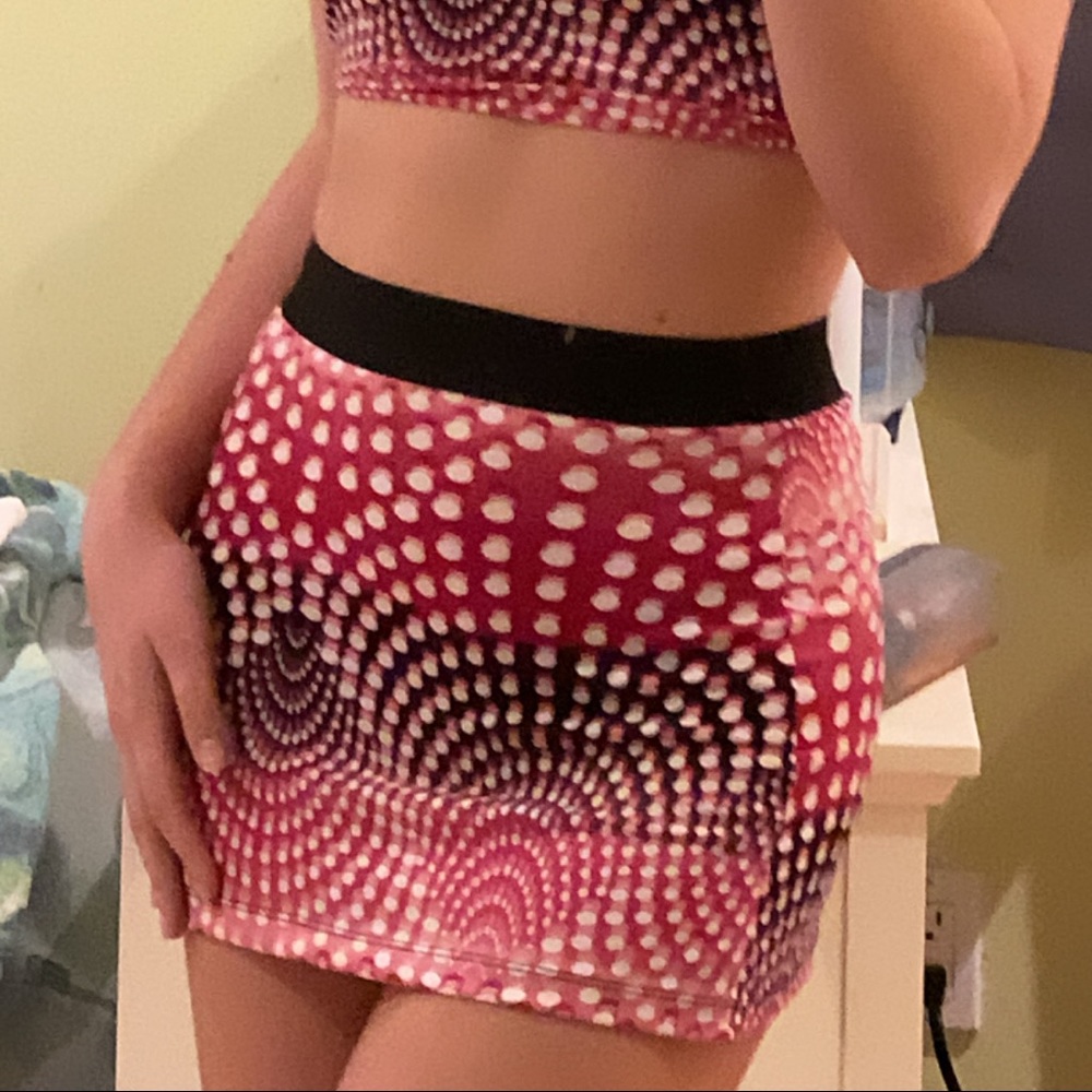 black and pink mini skirt patterned